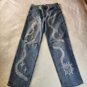 Salem7 Distressed Red Button Closure 32 Waist Denim Jeans With Graphic